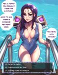  1girl alternate_costume artist_name blushy-pixy breasts collarbone commentary english_text facial_mark glowing groin highres kai&#039;sa large_breasts league_of_legends looking_at_viewer pool purple_hair shiny shiny_hair shoulder_pads smile solo speech_bubble swimsuit water wet wet_hair 