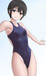  1girl black_eyes black_hair black_swimsuit blue_sky breasts cloud commentary_request competition_swimsuit cowboy_shot day gradient gradient_background hashi highleg highleg_swimsuit one-piece_swimsuit original outdoors short_hair sky small_breasts smile solo standing swimsuit white_background 