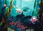  afloat bubble character_request creature day diving diving_mask fish flower goggles grass highres jellyfish kirby kirby_(series) ocean seaweed shark suyasuyabi swimming tentacles 