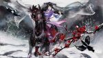  1girl bird branch dead_plants dress highres horse hua_jianghu_zhi_bei_mo_ting pony ponytail purple_dress riding sash si_kongqi_(hua_jianghu_zhi_bei_mo_ting) si_kongqi_zhuye snow snowing solo 