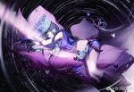  1girl black_hair boots bug butterfly hat knife long_hair looking_at_viewer lying on_side purple_shirt qin_shi_ming_yue sheath shi_lan_(qin_shi_ming_yue) shi_lan_ba_guan_bo shirt solo sparkle 