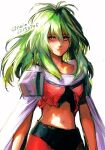  1girl armor closed_mouth dark-skinned_female dark_skin emerada_(xenogears) green_hair highres long_hair looking_at_viewer midriff navel noie_(neunteedelstein) scarf shoulder_armor simple_background skirt solo torn_clothes white_background xenogears yellow_eyes 