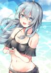  1girl :d absurdres ahoge aqua_eyes bangs bare_shoulders beach bikini black_bikini blue_sky breasts cleavage cloud elaina_(majo_no_tabitabi) empty_(mn3k_yo) eyebrows_visible_through_hair grey_hair grey_skirt groin highres horizon light_rays long_hair looking_at_viewer majo_no_tabitabi miniskirt navel ocean open_mouth outdoors skirt sky smile solo swimsuit teeth upper_body upper_teeth 