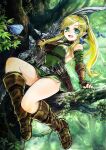  1girl :d absurdres arrow_(projectile) bird boots bow_(weapon) branch breasts brown_footwear chest_harness dress elf green_dress harness highres holding holding_bow_(weapon) holding_weapon in_tree komota_(kanyou_shoujo) long_hair looking_at_viewer medium_breasts original pointy_ears ponytail quiver short_dress smile solo tree weapon 