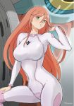  1girl aida_rayhunton bodysuit breasts covered_navel double_vertical_stripe frown g-self green_eyes gundam gundam_g_no_reconguista hair_down hand_on_own_knee holding holding_hair large_breasts looking_at_viewer mecha mitsutsu322 mobile_suit pilot_suit pink_bodysuit pink_hair solo white_bodysuit 