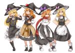  4girls \m/ apron arms_under_breasts azusa_(cookie) bangs black_capelet black_coat black_footwear black_headwear black_skirt black_vest blush bow bowtie braid breasts brown_eyes buttons capelet cleavage closed_mouth coat commentary_request cookie_(touhou) eating expressionless eyebrows_visible_through_hair fang food frilled_apron frills frown fruit full_body glasses green_eyes hair_bow hat hat_ornament highres holding holding_food holding_fruit holding_microphone kirisame_marisa light_brown_hair long_hair long_sleeves looking_at_viewer mars_(cookie) medium_breasts microphone multiple_girls one_eye_closed open_mouth orange_(fruit) orange_hair pink_bow puffy_short_sleeves puffy_sleeves purple_bow red-framed_eyewear red_bow red_bowtie red_scarf red_star rei_(cookie) scarf shoes short_sleeves side_braid simple_background single_braid skirt small_breasts smile socks split_mouth standing standing_on_one_leg star_(symbol) star_hat_ornament touhou turtleneck uzuki_(cookie) vest waist_apron white_apron white_background white_legwear white_skirt witch_hat yellow_eyes yumekamaborosh 