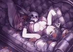  1girl black_hair breasts cleavage closed_mouth commentary commission couch dress english_commentary flower garter_straps holding holding_flower holding_skull komota_(kanyou_shoujo) large_breasts looking_at_viewer lying muted_color on_back original red_flower red_rose rose skeb_commission skull smile solo thighhighs yellow_eyes 