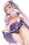  1girl absurdres azur_lane black_panties black_ribbon blush breasts classic_(zildjian33) clothes_lift cropped_shirt dutch_angle formidable_(azur_lane) from_below hair_ribbon highres large_breasts lifted_by_self long_hair looking_at_viewer looking_down midriff neckerchief panties platinum_blonde_hair pleated_skirt purple_skirt red_neckerchief ribbon school_uniform shirt short_sleeves skirt skirt_lift solo thigh_gap twintails underboob underwear uniform very_long_hair white_shirt 