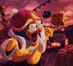  character_request cloud cloudy_sky covered_face flag flying gloves gooey_(kirby) grass hammer hat jacket king_dedede kirby kirby_(series) mask open_mouth outdoors pumpkin running sky sunset surprised suyasuyabi tongue tree 