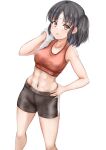  1girl alternate_costume bike_shorts black_hair black_shorts brown_eyes headband highres holding holding_towel kantai_collection koru_pera medium_hair midriff nagara_(kancolle) navel one_side_up orange_sports_bra short_hair shorts simple_background solo sports_bra standing sweat towel white_background white_headband 