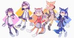  absurdres african_penguin_(kemono_friends) animal_costume animal_ears black_eyes black_hair blue_hair coyote_(kemono_friends) dire_wolf_(kemono_friends) gloves hauru_252 highres humboldt_penguin_(kemono_friends) island_fox_(kemono_friends) kemono_friends kemono_friends_v_project long_hair looking_at_viewer microphone multicolored_hair multiple_girls necktie penguin_costume penguin_tail shirt simple_background skirt smile standing tail twintails virtual_youtuber white_background wolf_ears wolf_girl wolf_tail 