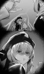  !? 2girls anger_vein artoria_caster_(fate) artoria_caster_(second_ascension)_(fate) artoria_pendragon_(fate) beret blush bowl chopsticks closed_mouth fate/grand_order fate_(series) food fujimaru_ritsuka_(male) greyscale hat highres holding holding_chopsticks hxd monochrome multiple_girls pout rice_bowl 