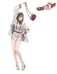  1girl absurdres bag belt braid buttons coat d-pad d-pad_hair_ornament dress english_commentary famicom famicom_cartridge fashion full_body game_cartridge game_console hair_ornament hair_over_shoulder hairband hand_on_hip handbag highres light_brown_hair medium_hair nauj_k neckerchief one_eye_closed open_clothes open_coat original personification platform_footwear red_belt red_hairband reference_inset shoes short_dress solo thigh_gap twin_braids white_background white_coat white_footwear 