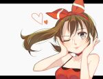  1girl bangs breasts brown_hair camisole cleavage collarbone floating_hair grey_eyes hair_ribbon hands_on_own_cheeks hands_on_own_face heart letterboxed looking_to_the_side may_(pokemon) medium_breasts nagoooon_114 one_eye_closed pokemon pokemon_(game) pokemon_oras red_camisole red_ribbon ribbon short_hair smile solo white_background 