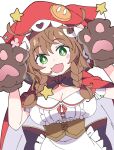  1girl :d animal_hands blush braid breasts bright_pupils brown_hair cape cleavage eyebrows_visible_through_hair gloves green_eyes hood ixy large_breasts looking_at_viewer nijisanji paw_gloves red_cape simple_background smile twin_braids virtual_youtuber warabeda_meijii white_background white_pupils 