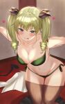  1girl anchovy_(girls_und_panzer) bangs black_necktie black_ribbon black_skirt blush bra breasts brown_legwear cleavage collarbone drill_hair girls_und_panzer green_bra green_eyes green_hair hair_ribbon highres large_breasts lingerie long_hair mamaa_(maeni6379) necktie panties pleated_skirt ribbon skirt solo sweat thighhighs twin_drills underwear 