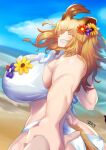  1girl alternate_breast_size animal_ears ass bangs beach bikini blonde_hair blurry blurry_background breasts brown_hair closed_eyes curvy day dutch_angle eyebrows_visible_through_hair eyes_visible_through_hair facing_viewer floating_hair flower flower_bikini foreshortening frilled_bikini frilled_swimsuit frills from_side gigantic_breasts grin hair_flower hair_ornament highres holding_another&#039;s_wrist impossible_clothes impossible_swimsuit kemono_friends lion_(kemono_friends) lion_ears lion_girl lion_tail long_hair multicolored_hair naochi_(bobi8081) ocean official_alternate_costume outdoors outstretched_arm parted_bangs pov pov_hands pulling sand smile solo_focus swimsuit tail twisted_torso two-tone_hair upper_body v-shaped_eyebrows water white_bikini white_swimsuit 