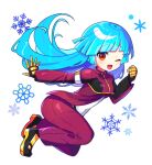  1girl ;d absurdres aqua_hair bangs eyebrows_visible_through_hair full_body highres kula_diamond long_hair looking_at_viewer offbeat one_eye_closed orange_eyes pants red_pants shoes simple_background smile snowflakes solo the_king_of_fighters very_long_hair white_background 
