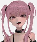  1girl absurdres black_camisole black_collar camisole collar collarbone grey_background hair_behind_ear head_tilt highres long_hair looking_at_viewer open_mouth original pink_eyes pink_hair portrait shou_(mori_boro) smile solo twintails 
