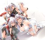  5girls :p all_fours antenna_hair armpits arms_behind_head azur_lane bikini black_bikini black_choker black_dress black_garter_straps blush breasts bridal_gauntlets bridal_veil choker clothing_cutout cross cup dress drunk eyebrows_visible_through_hair from_side gloves grey_gloves harem headgear highres iron_cross japanese_clothes kimono long_hair looking_at_viewer mole mole_on_breast multicolored_clothes multicolored_hair multicolored_kimono multiple_girls official_alternate_costume open_mouth oriue_wato prinz_eugen_(azur_lane) prinz_eugen_(cordial_cornflower)_(azur_lane) prinz_eugen_(profusion_of_flowers)_(azur_lane) prinz_eugen_(symphonic_fate)_(azur_lane) prinz_eugen_(unfading_smile)_(azur_lane) red_hair sakazuki see-through shoulder_cutout side-tie_bikini sideboob silver_hair simple_background sleeveless sleeveless_dress streaked_hair swimsuit tongue tongue_out two-tone_hair v_arms veil wedding_dress white_background white_dress 