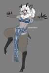  1girl abs animal_ears animal_feet animal_nose arms_up artist_name bandeau bangs bell black_horns blue_bandeau blue_eyes body_fur breasts brown_fur colored_skin commentary_request deer_ears deer_girl deer_tail eyebrows_visible_through_hair flat_color full_body fur_collar furry furry_female grey_background grey_skin happy highres hooves horns kizuta_(barometz) leg_up long_hair looking_at_viewer medium_breasts navel neck_bell open_mouth original outstretched_arms pelvic_curtain sidelocks simple_background sketch smile solo spread_arms spread_fingers standing standing_on_one_leg stomach tail toned twitter_username v-shaped_eyebrows watermark white_fur white_hair 