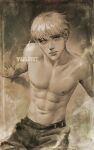  1boy abs arm_support armin_arlert artist_name bangs brown_theme closed_mouth commentary english_commentary facial_mark highres leaning_back lips logo looking_at_viewer looking_up male_focus monochrome nate_artuz navel nipples pants shingeki_no_kyojin short_hair solo steam toned toned_male topless_male 