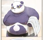  2022 alp_(tas) anhrmgzo anthro belly big_belly black_nose blush clothing giant_panda hi_res kemono lifewonders male mammal moobs nipples overweight overweight_male purple_body solo tokyo_afterschool_summoners towel underwear ursid video_games white_body 