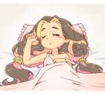  bangs bed bed_sheet blonde_hair blush breasts brown_hair camisole chestnut_mouth closed_eyes collarbone enuma_(uma-festival) frilled_pillow frills gradient_hair hand_on_own_chest hand_up idolmaster idolmaster_cinderella_girls kusakabe_wakaba long_hair low_twintails multicolored_hair parted_bangs pillow pink_hair scrunchie sleeping small_breasts solo strap_slip striped striped_scrunchie thick_eyebrows twintails 