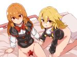  2girls ass azusa_(cookie) bangs black_capelet black_jacket black_vest blonde_hair blush bottomless bow bowtie braid buttons capelet closed_mouth commentary_request cookie_(touhou) eyebrows_visible_through_hair eyes_visible_through_hair feet_out_of_frame flat_chest hair_between_eyes hair_bow jacket kirisame_marisa long_hair long_sleeves looking_at_viewer multiple_girls on_bed open_mouth orange_hair pillow purple_bow red_bow red_bowtie red_eyes red_star rei_(cookie) shirt side_braid single_braid sitting sitting_on_bed touhou turtleneck vest white_shirt yellow_eyes yumekamaborosh 
