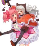  2girls absurdres blush brown_headwear brown_shorts bubble_skirt cape carrying choker closed_eyes commentary_request cow eyebrows_visible_through_hair flypopo fur-trimmed_cape fur_collar fur_trim highres holding kaname_madoka long_hair looking_at_another mahou_shoujo_madoka_magica mahou_shoujo_madoka_magica_movie momoe_nagisa multiple_girls open_mouth pantyhose piggyback pink_hair polka_dot polka_dot_legwear puffy_short_sleeves puffy_shorts puffy_sleeves red_choker red_eyes short_hair short_sleeves short_twintails shorts silver_hair simple_background skirt smile twintails wavy_hair white_background 