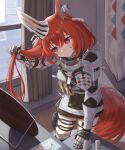  1girl animal_ears arknights bangs banner blush bottle closed_mouth curtains dress elbow_pads eyebrows_visible_through_hair flametail_(arknights) gauntlets highres holding holding_hair indoors leaning_forward long_hair looking_at_mirror mirror pouch red_eyes red_hair shironekoban short_dress shoulder_pads solo squirrel_ears squirrel_girl squirrel_tail standing tail thigh_pouch thigh_strap tissue_box very_long_hair white_dress window 