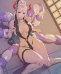 1girl absurdres arm_ribbon arttoru black_swimsuit blue_hair breasts cameltoe club_(weapon) curvy gradient_hair hair_ornament hair_stick highres holding holding_weapon horns knees_together_feet_apart large_breasts lips long_hair looking_at_viewer lying multicolored_hair multicolored_horns navel o-ring o-ring_swimsuit on_back one_piece oni parted_hair ponytail red_horns revealing_clothes ribbon rope shimenawa shiny shiny_clothes shouji sidelocks silver_hair sliding_doors solo spiked_club swimsuit thick_thighs thighlet thighs weapon wide_hips yamato_(one_piece) yellow_eyes 