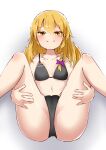  1girl alternate_costume bangs bikini black_bikini blonde_hair blush bow braid breasts cameltoe closed_mouth commentary_request cookie_(touhou) derivative_work eyebrows_visible_through_hair feet_out_of_frame hair_between_eyes hair_bow highres kirisame_marisa long_hair looking_at_viewer purple_bow rei_(cookie) side_braid single_braid small_breasts smile solo split_mouth spread_legs swimsuit touhou yellow_eyes yumekamaborosh 