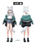  1girl absurdres animal_ear_fluff animal_ears bangs bare_legs belt black_eyes black_jacket blue_eyes blue_shorts blush bra_strap closed_mouth commission eyebrows_visible_through_hair fox_ears fox_girl fox_tail from_behind full_body green_jacket hair_ornament hairclip heterochromia highres jacket kanoe_(tatsukanoe) long_hair long_sleeves looking_at_viewer multiple_views open_clothes open_jacket original shirt shoes short_hair short_shorts shorts signature simple_background sleeves_past_wrists smile sneakers socks standing swept_bangs tail white_background white_legwear white_shirt yellow_eyes 