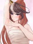  1girl :o absurdres animal_ears arm_behind_head arm_up armpits bandages bare_arms bare_shoulders black_hair blush breasts brown_hair cleavage ear_covers highres horse_ears large_breasts long_hair looking_at_viewer multicolored_hair mute_(mute89539160) parted_lips ponytail presenting_armpit purple_eyes sarashi solo spread_armpit symboli_rudolf_(umamusume) umamusume white_hair 