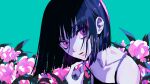 1girl absurdres bangs bare_shoulders black_dress black_hair bob_cut collarbone commentary_request dress floral_background highres holding_pill looking_at_viewer parted_lips purple_eyes short_hair solo urkt_10 