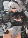  1girl black_blindfold black_hairband blindfold breasts cleavage_cutout clothing_cutout covered_eyes feather-trimmed_sleeves feather_trim hairband highres hood_(james_x) juliet_sleeves large_breasts leotard long_sleeves nier_(series) nier_automata pod_(nier_automata) puffy_sleeves silver_hair thighs white_leotard yorha_no._2_type_b 