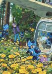  3boys 6+others against_glass aircraft android_17 azhuang bag bangs black_hair blue_skin blue_vest cell_junior colored_skin dragon_ball dragon_ball_(object) dragon_ball_z field flower flower_field forest highres holding long_sleeves multiple_boys multiple_others nature parted_bangs pink_hair shiny shiny_hair short_hair sitting son_gohan_(future) teeth tree trunks_(dragon_ball) trunks_(future)_(dragon_ball) vest wings 