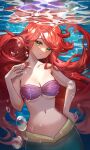  1girl air_bubble ariel_(disney) bangs bare_arms bare_shoulders bikini bikini_top_only blush breasts bubble chibi_vanille cleavage closed_mouth collarbone eyebrows_behind_hair green_eyes hand_on_hip highres light_rays long_hair looking_at_viewer medium_breasts mermaid monster_girl navel purple_bikini red_hair solo stomach strapless strapless_bikini swept_bangs swimsuit the_little_mermaid underboob underwater very_long_hair 