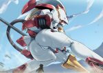  1girl anus ass blue_sky blush darling_in_the_franxx giant giantess horns open_mouth outdoors parted_lips pochincoff pussy robot single_horn sky squatting strelizia 