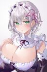  absurdres black_ribbon blush breasts cleavage cosplay flower_knot framed_breasts green_eyes grey_hair hair_between_eyes hair_ornament hairclip hand_up highres hololive huge_breasts looking_at_viewer maid_headdress medium_hair mile_(off8mile) mole mole_on_breast neck_ribbon parted_lips re:zero_kara_hajimeru_isekai_seikatsu rem_(re:zero) rem_(re:zero)_(cosplay) ribbon shirogane_noel simple_background upper_body white_background x_hair_ornament 