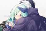  1boy 1girl black_hair blush bright_pupils brynhildr_(fate) cape closed_mouth couple fate/grand_order fate_(series) grey_background hetero hug lapis429 long_hair looking_at_viewer messy_hair multicolored_hair popped_collar purple_cape purple_eyes signature sigurd_(fate) smile two-tone_hair white_hair 