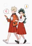  ! 2girls artist_name bakugou_katsuki bandaid bandaid_on_leg black_footwear blonde_hair boku_no_hero_academia bow breasts cellphone closed_mouth collared_shirt commentary earbuds earphones freckles genderswap genderswap_(mtf) green_eyes green_hair hair_bow hair_ornament hairclip hand_in_pocket hand_on_another&#039;s_arm heart highres holding holding_another&#039;s_arm holding_phone jacket long_hair long_skirt long_sleeves looking_at_another looking_at_viewer mantos_no.7 midoriya_izuku multiple_girls neck_ribbon open_clothes open_jacket orange_jacket phone ponytail red_skirt ribbon shirt shoes short_hair simple_background skirt smartphone sneakers socks spiked_hair spoken_exclamation_mark standing symbol-only_commentary thought_bubble walking white_background white_footwear white_legwear white_shirt yellow_bow yuri 