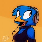  anthro avian bare_shoulders beak bird blue_body blue_feathers breasts brown_eyes cleavage clothed clothing feathers female finch happy head_tuft headphones hi_res katnay music oscine passerine simple_background smile solo tuft wire worn_down_children zara_(katnay) 