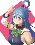  1girl aqua_(konosuba) blue_eyes blue_hair blue_jacket blue_skirt bow bowtie breasts detached_sleeves eyebrows_visible_through_hair green_bow green_bowtie hair_between_eyes highres hollow_(siglopur) jacket kono_subarashii_sekai_ni_shukufuku_wo! long_hair medium_breasts skirt sleeveless sleeveless_jacket smile solo upper_body very_long_hair white_sleeves 