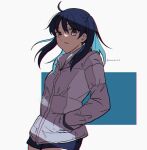  1girl ahoge bangs blue_background blue_hair blue_shorts brown_eyes character_request chromatic_aberration closed_mouth colored_inner_hair cowboy_shot eyebrows_visible_through_hair floating_hair frown grey_jacket hair_between_eyes hand_in_pocket highres jacket long_hair multicolored_hair nanase_hr short_shorts shorts solo tsukihime twintails twitter_username two-tone_background two-tone_hair white_background 
