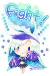  1girl animal_ears black_shirt black_skirt blue_hair blush brynhildr_(cheer_for_master)_(fate) brynhildr_(fate) cheerleader chestnut_mouth chibi crop_top english_text fate/grand_order fate_(series) holding holding_pom_poms lapis429 long_hair multicolored_hair navel pleated_skirt pom_pom_(cheerleading) purple_eyes purple_headwear shirt signature skirt solo two-tone_hair visor white_background white_footwear white_hair 