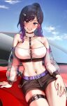  1girl bangs bare_shoulders belt black_hair black_shorts blue_sky blush breasts car cleavage collarbone earrings ferrari foxyreine grin ground_vehicle hair_ornament hairclip highleg highres jewelry large_breasts long_hair long_sleeves looking_at_viewer midriff motor_vehicle navel off-shoulder_shirt off_shoulder original ponytail purple_eyes see-through shirt shorts sky smile solo swept_bangs thigh_strap thighs 