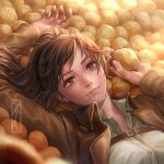  1girl absurdres blurry blurry_foreground brown_eyes brown_hair brown_jacket buckle closed_mouth collared_jacket collared_shirt dress_shirt food freckles highres holding holding_food jacket kotikomori long_hair long_sleeves looking_at_viewer open_clothes open_jacket ponytail potato sasha_braus shingeki_no_kyojin shirt smile solo upper_body white_shirt wing_collar 