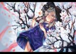  1girl black_border blonde_hair blurry border branch cherry_blossoms depth_of_field dress error flower flower_request green_eyes hair_ribbon hat highres letterboxed long_hair long_sleeves looking_ahead lying moriya_suwako on_back parted_lips red_ribbon ribbon soft_focus solo teeth touhou white_flower wide_sleeves wrong_hand zhu_xiang 